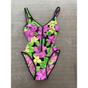 Vintage 90s La Blanca One Piece Swimsuit Floral Zip Front Backless High Cut